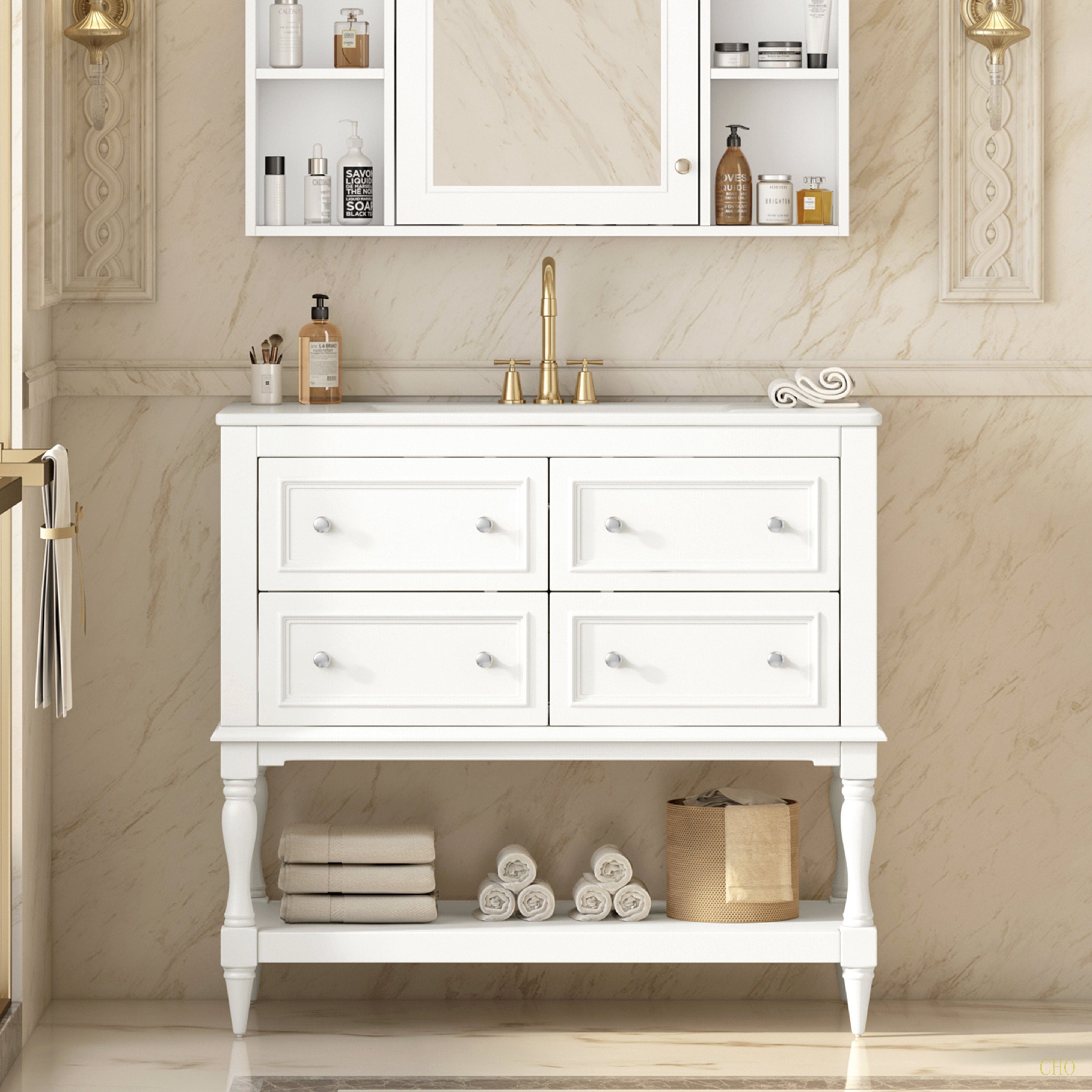 36 Inch Bathroom Vanity With Ceramic Sink – Vintage White, 4